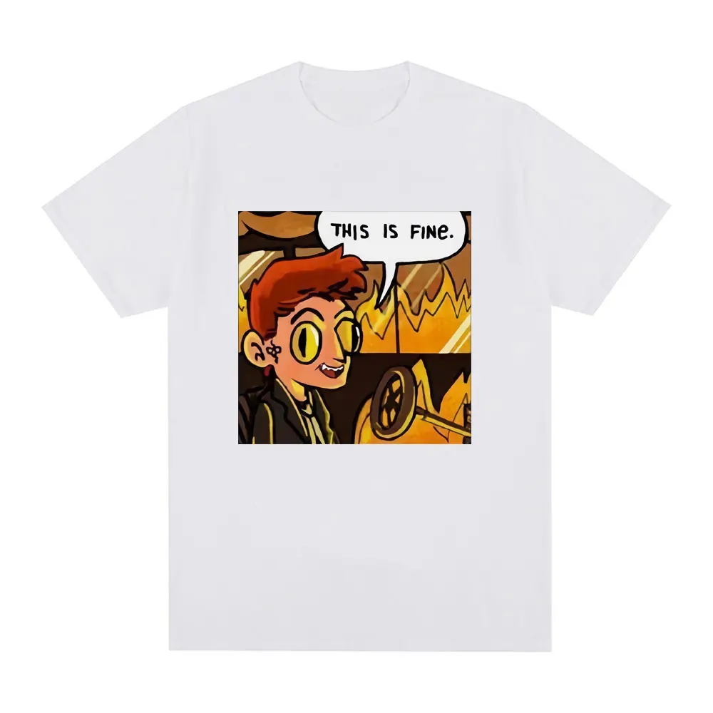 Good Omens This Is Fine Crowley Graphic T Shirt Men Fashion Vintage T Shirts Summer 100% Cotton Casual Cozy T-shirts Streetwears