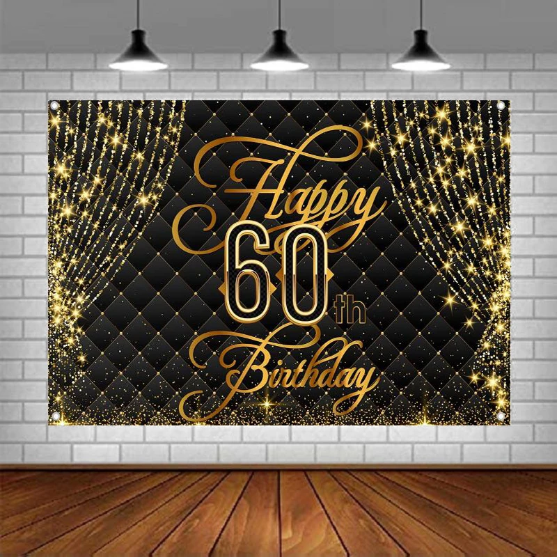 Photography Backdrop 60th Birthday Banner Royal Curtain Black Gold Background Women Men Party Decor Poster Supplies
