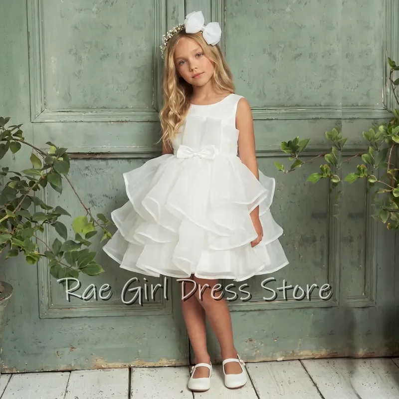Customized White Organza Flower Girl Dress For Wedding First Communion Mini Tiered Ruffle Gown Sleeveless Waist Bow Decor