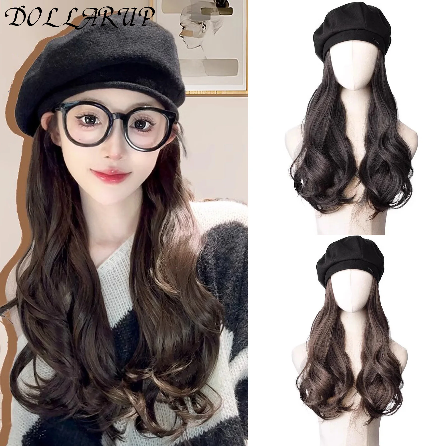 Long Curly Hair With Black Woolen Beret With Synthetic Fashion Lazy Long Curly Hair Beret Wig Naturally Fluffy Warm Fashion