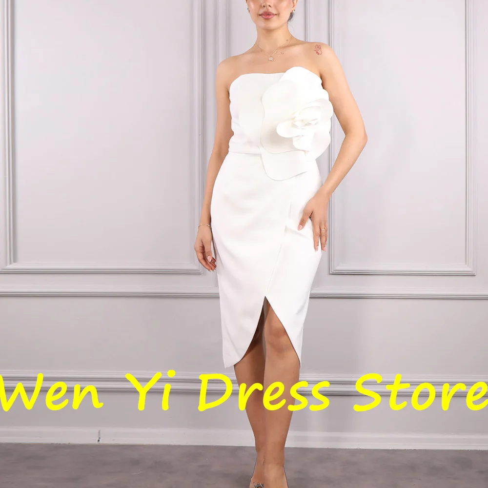 Short and Elegant Party Gowns Tea Length Jersey Sleeveless Strapless Straight Pleats Solid Color Flowers Special Occasion Gowns image 2