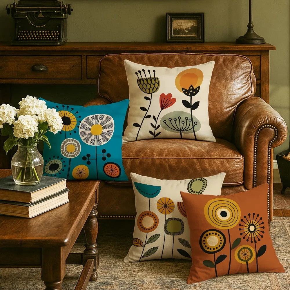 

4Pcs Modern Vintage Abstract Floral Pillow Cases Single-Sided Machine Washable Home Decorative Cushion Covers No Pillow Insert