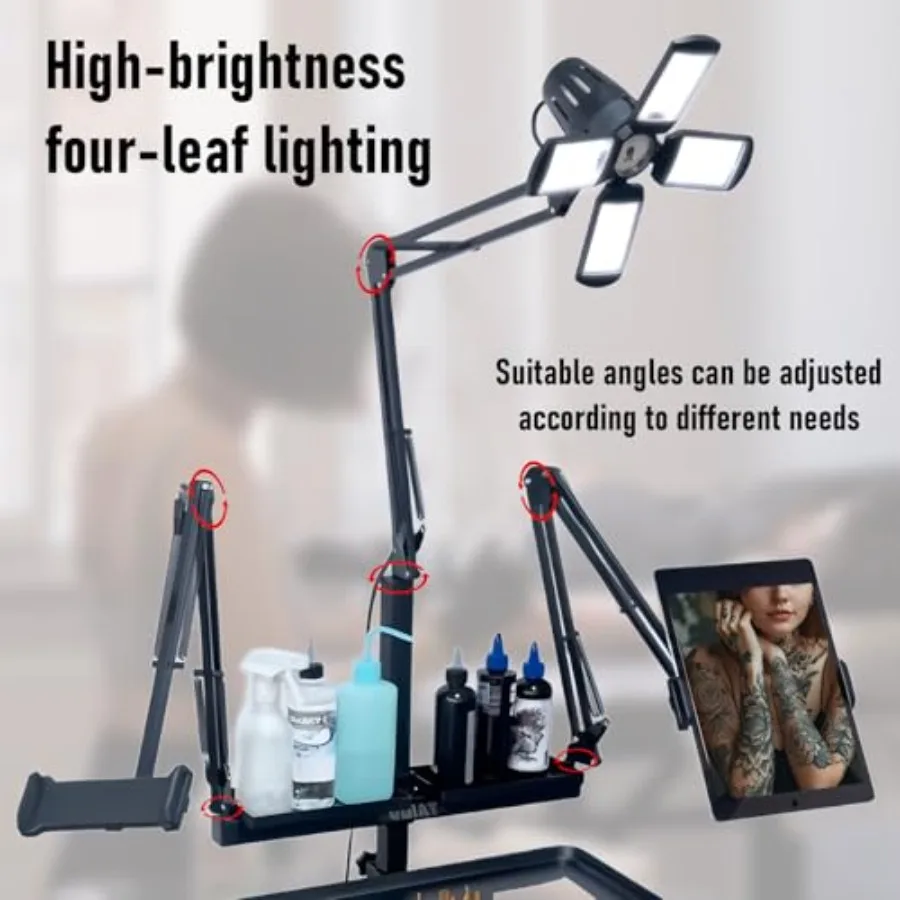 محطة عمل وشم متعددة الوظائف مع رف تخزين الصباغ بإضاءة LED متكامل وحامل لوحي وتعديل الارتفاع الهوائي