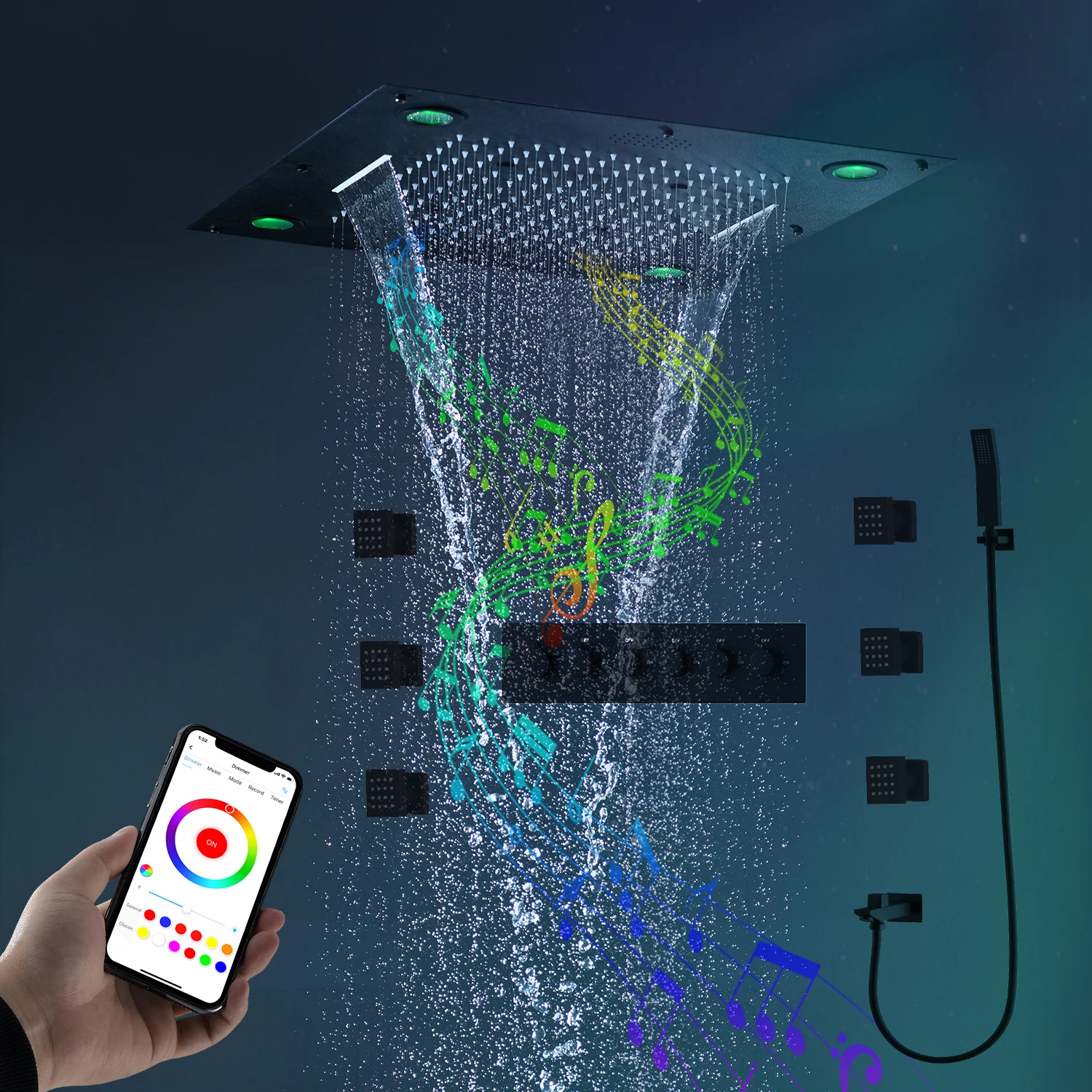 hm Luxury Bluetooth Music Shower System Ceiling LED Shower Head 24Inches Bathroom Waterfall Rainfall Black Faucets Set Side Jets