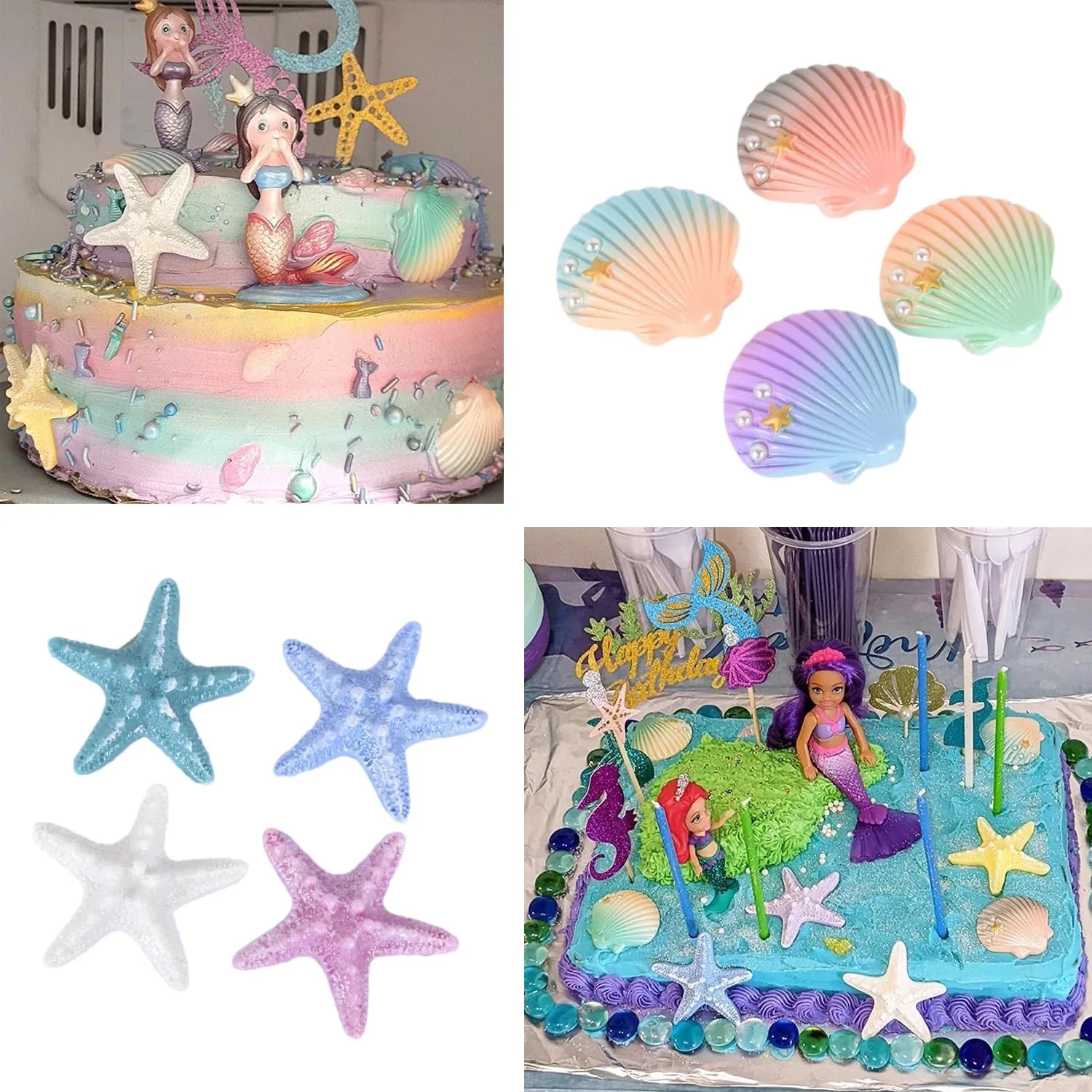 12pcs Starfish Shell Cake Topper Sea Creatures Cake Toppers for Under the Sea Ocean Birthday Party Baby Shower Decorations