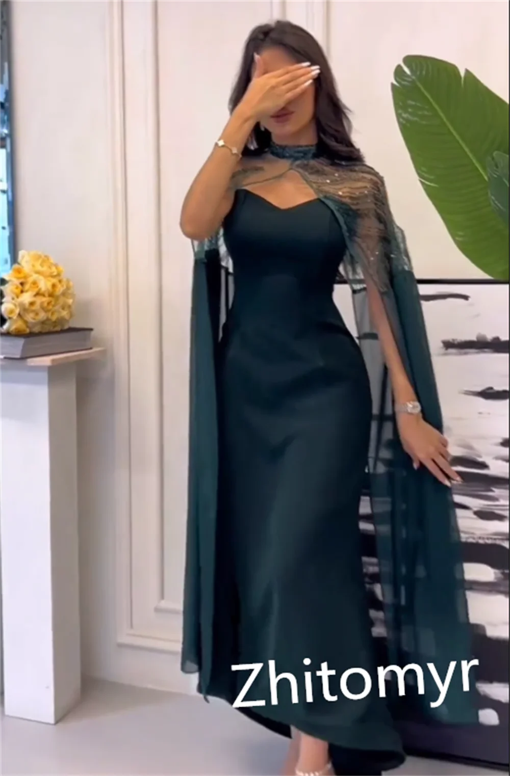 Vestido de graduación de Arabia Saudita, traje de satén con lentejuelas y cuello alto, estilo moderno y exquisito