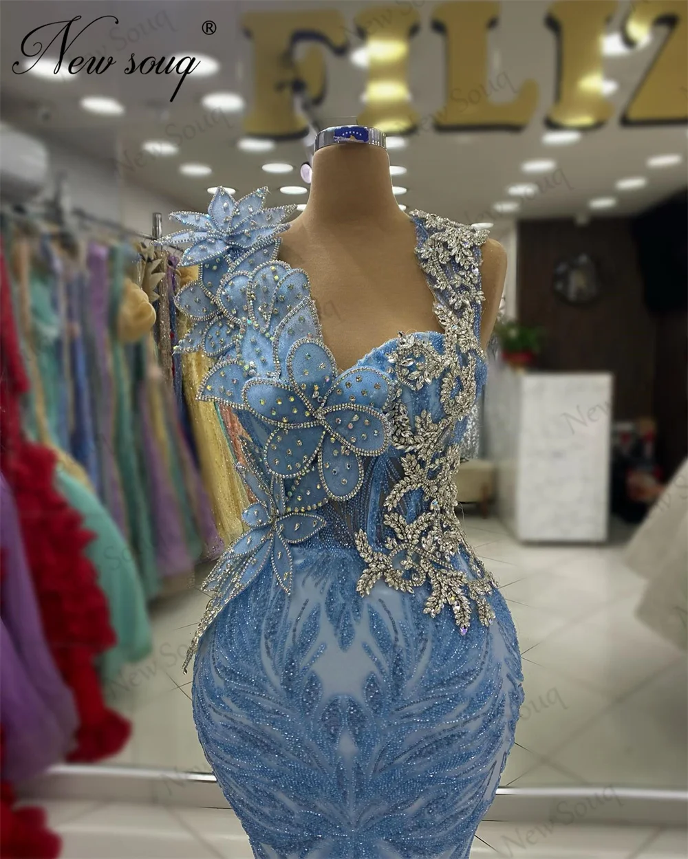 Blue Mermaid Celebrity Dresses Haute Coutures Beaded Crystals Prom Dress Turkish Dubai Wedding Party Gowns Evening Dress Robes