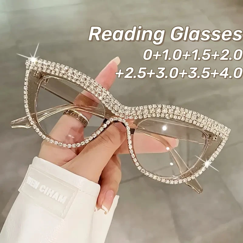 Trendy Diamond Encrusted Reading Glasses Vintage Luxury Cat Eye Anti Blue Light Reading Glasses Computer Protection Glasses