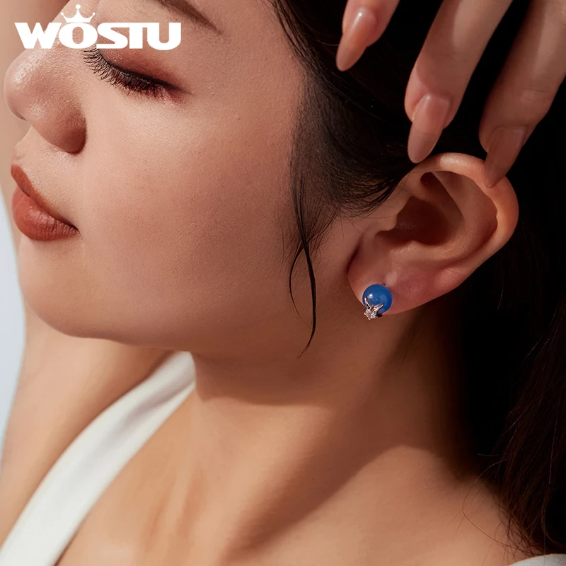 WOSTU Natural BLue Starburst Agate Ball Stud Earrings For Women, Platinum Plated 925 Sterling Silver Post Star CZ Ear Studs