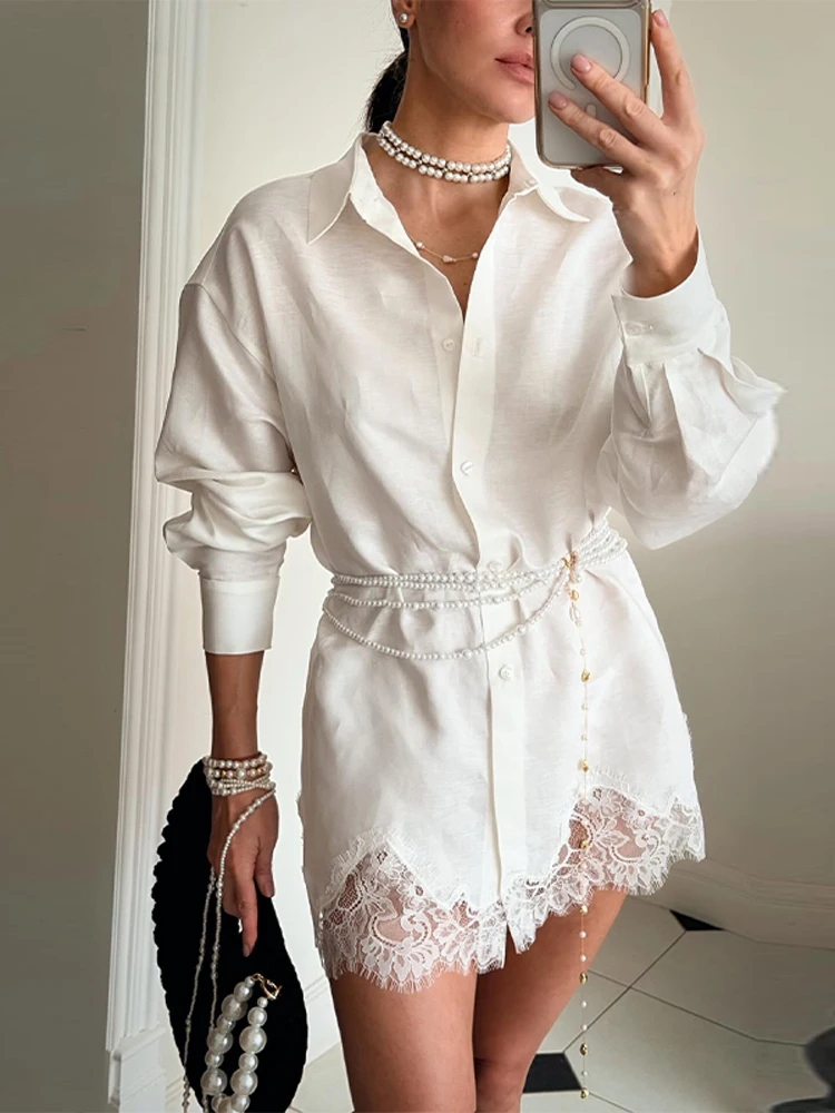 Chic Women Office Shirt Set Casual Lace Patchwork Single Breasted Long Sleeve Lapel Female Blouse Short Pant Summer Streetwear - view 5