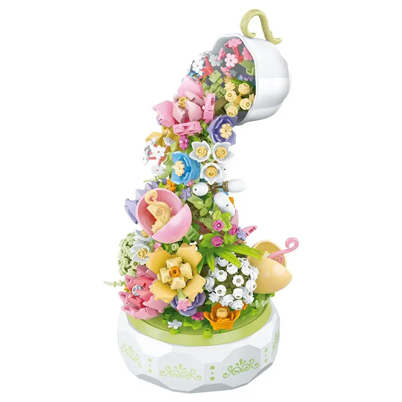 575PCS Teacup Flower Lighting Music Box Building Blocks Waterfall Flower Bouquet DIY Model Bricks Toys For Kids Holiday Gifts