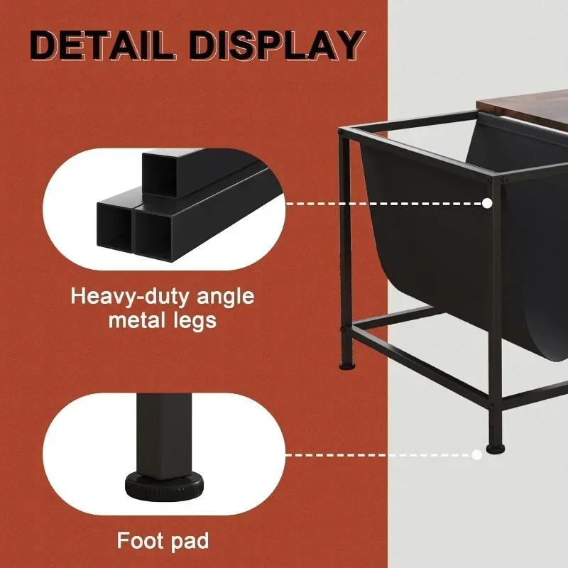 Коричневый прямоугольный журнальный столик из дерева и металла с полкой для хранения для небольших гостиных с карманом