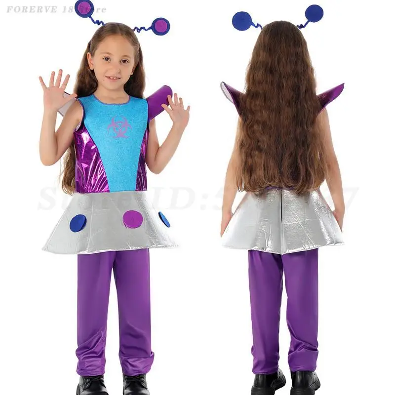 

Fancy Kids Aliens Cosplay Costumes Children's Day School Stage Performance Outfits Girls Purple Top Pants Headband Suit