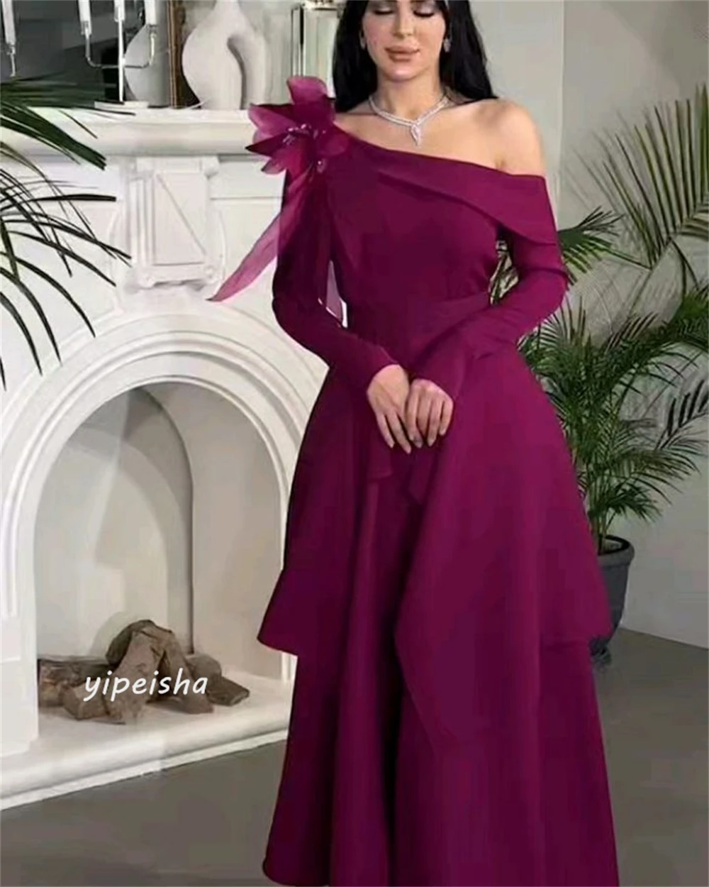 Jersey Flower Draped Pleat Graduation A-line Off-the-shoulder Bespoke Occasion Gown Long Dresses