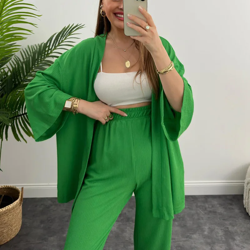 

Two Piece Pant Sets Solid Long Pants Loose Full Sleeve Shirts Splice Cardigan Tops Casual Trousers Regular Elegant Office Lady