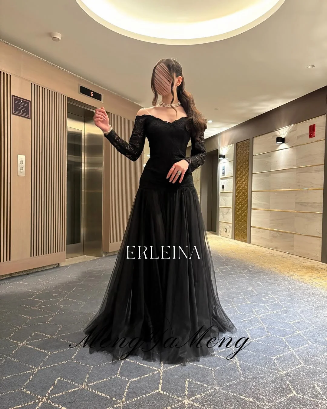 ZHUISHU ثوب مسائي أسود أنيق للنساء من الدانتيل المرقعة على شكل حرف A فساتين طويلة للحفلات الراقصة مخصصة بأكمام طويلة فستان رسمي للمناسبات #3