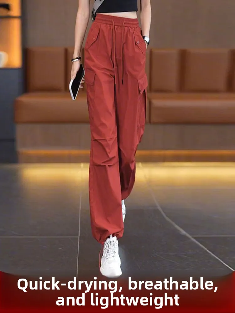

Красные брюки-карго женские, лето 2023, новые маленькие размеры в стиле ретро, американские уличные брюки, спортивные брюки Qui Dry, корейские брюки с высокой талией