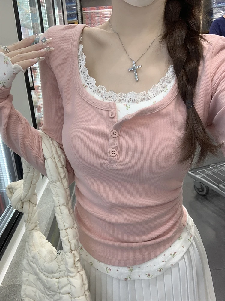

Solid Lace Patchwork Long Sleeve T-shirt Women False Two-piece Slim Long Sleeve Tops 2025 Autumn Women's Top