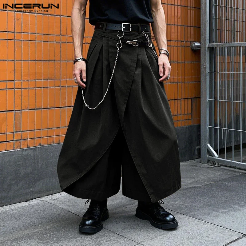 INCERUN الرجال بنطال ذو قصة أرجل واسعة بلون مطوي مرونة الخصر ركض بنطلون الرجال كبيرة الحجم الشارع الشهير موضة السراويل الذكور غير رسمية