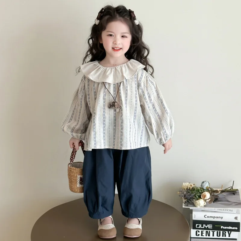 

Girls' Spring and Autumn Outfit2025New Style Children's Fashionable Shirt Spring Outfit Girl Baby Doll Shirt Two-Piece Set