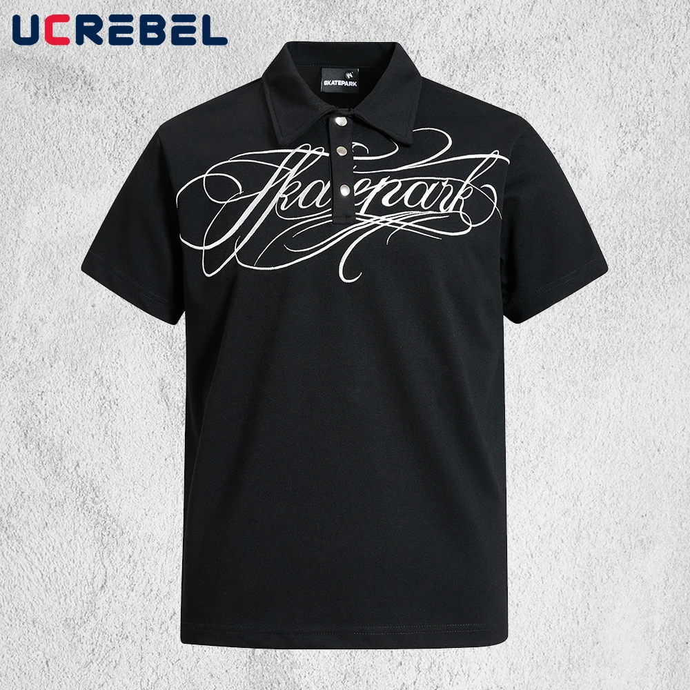 Letter Embroidery Polo Shirts Mens Summer Hip Hop Streetwear Straight Loose Tee Man Tops