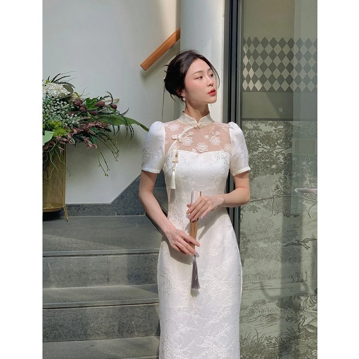 

Summer White Rose Flag Dress Graceful Rose Lace Jacquard high-waist National Style Flag Dress Ancient Style women's Qipao Dress