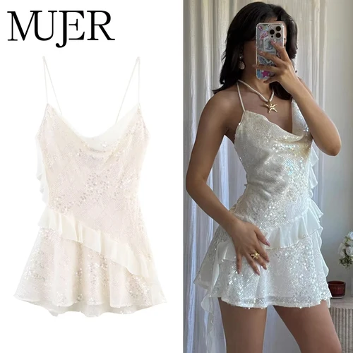 MUJER 2025 Mini vestido de lentejuelas para mujer, vestidos de fiesta sexis deslizantes para mujer, vestido de verano sin espalda para mujer, vestidos cortos de playa con tirantes
