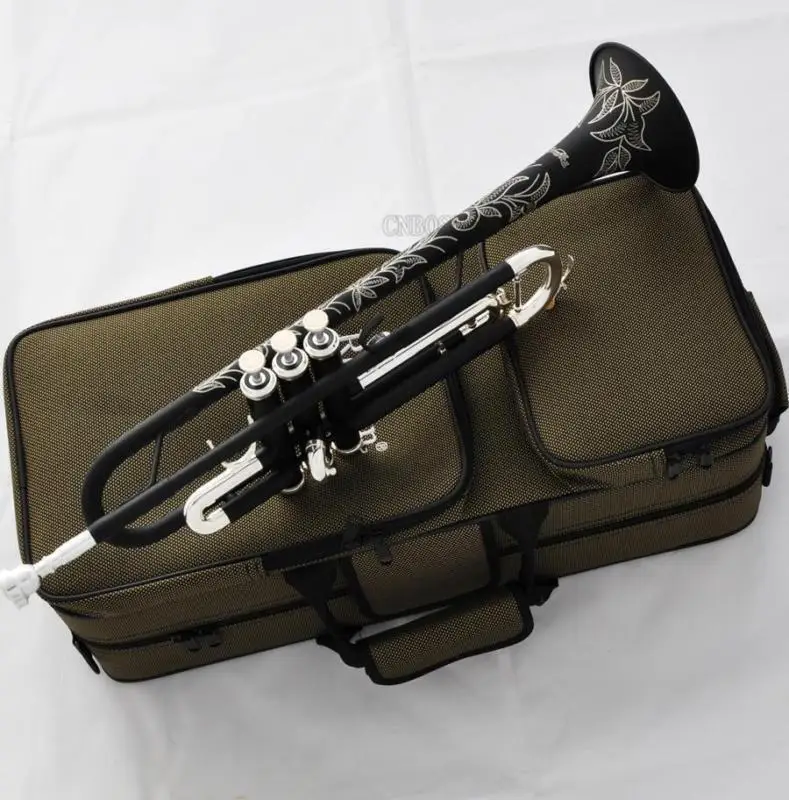 Hot sale Matte Black Silver Trumpet horn Bb Keys Hand engraved bell New case