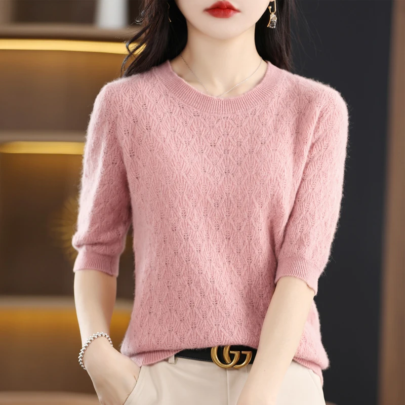 

Spring and summer new women's T-shirt short sleeve 100% Merino wool round neck pullover hollow fashion knit top