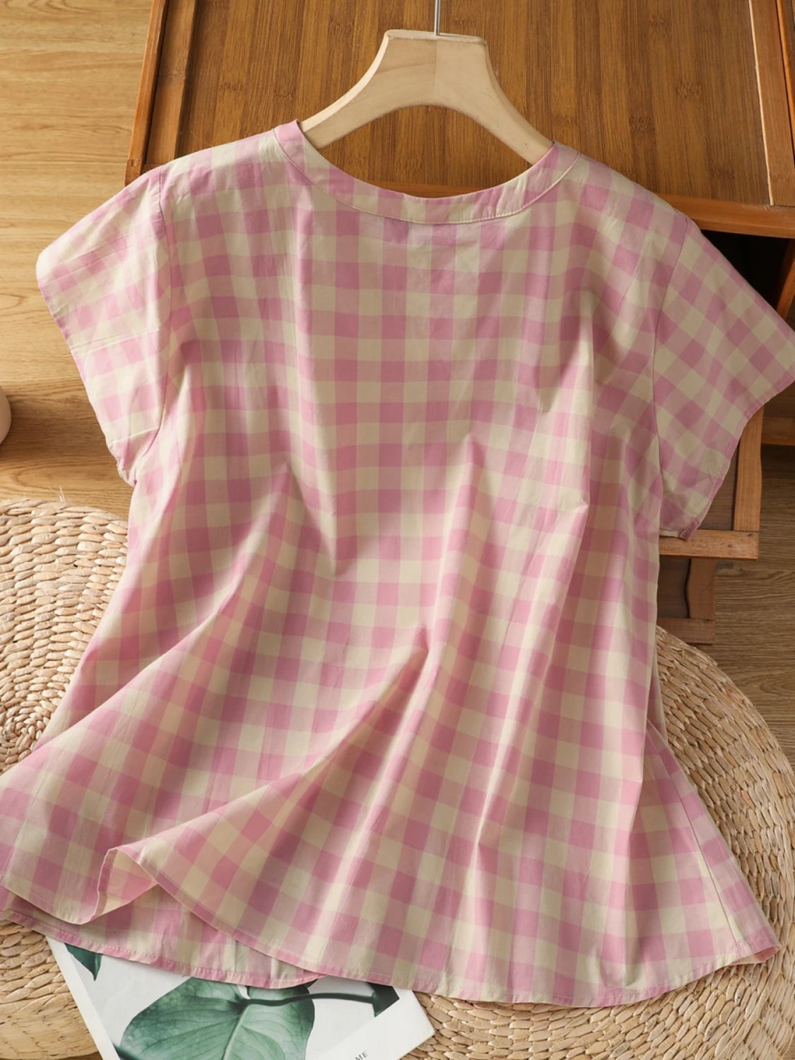 

Korean Japanese Style Pure Cotton Gingham Pleated Loose Fit Lightweight Summer Top Women's Fashion Sun Protection Shirt