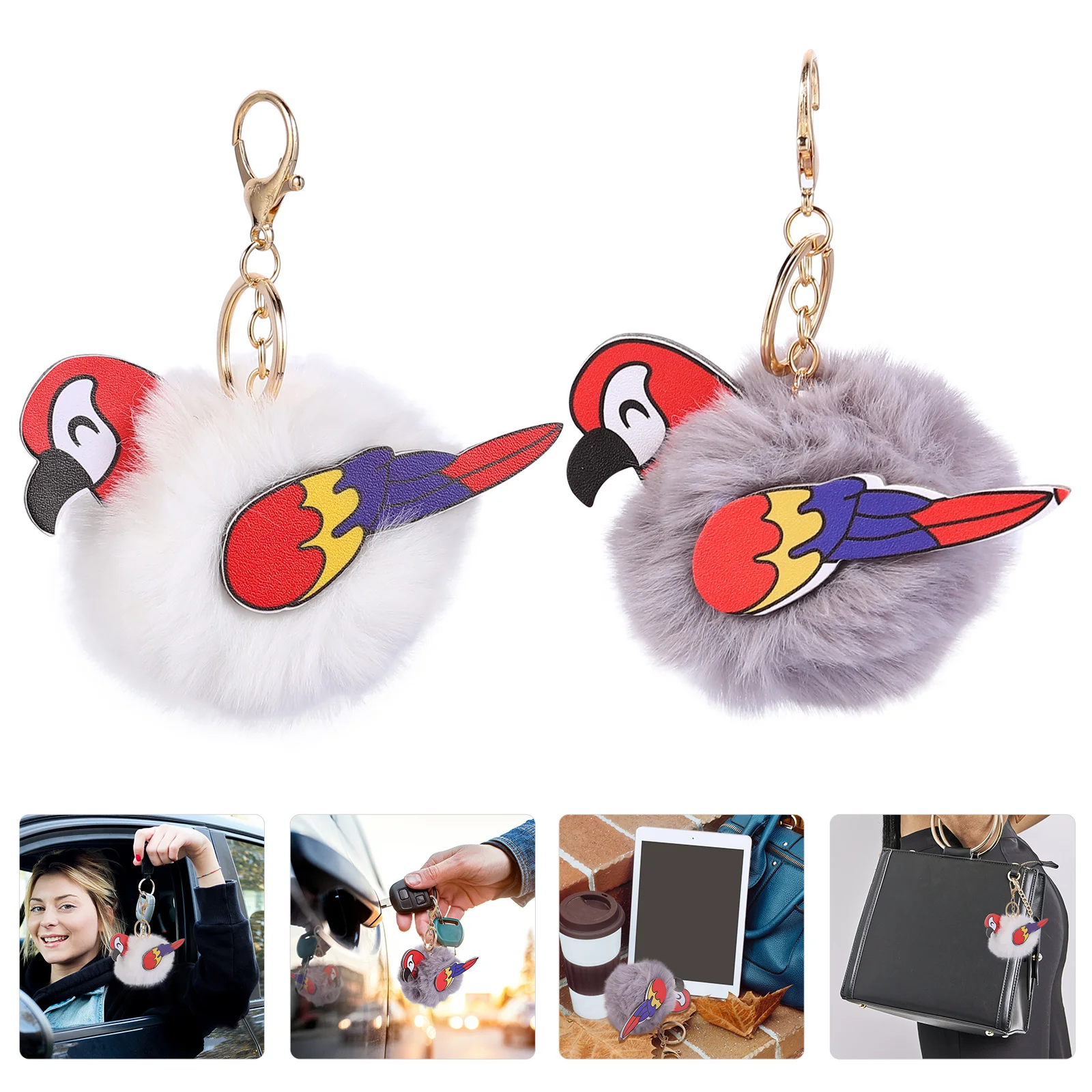

2pcs Keychain Fashion Parrot Hair Ball Bag Car Pendant Parrot Key Ring Hanging Fashionable Key Chain Lovely Key Ring