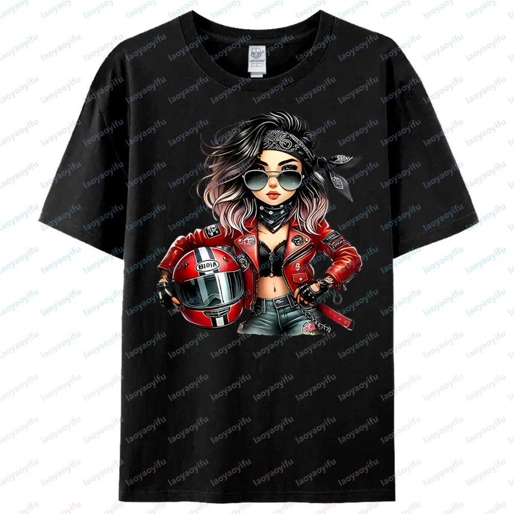 Fashion Street Style Motorcycle Girl Cotton Graphic Tee, Soft Colorful Trendy Daily Vest Gift for Motorcycle Riders