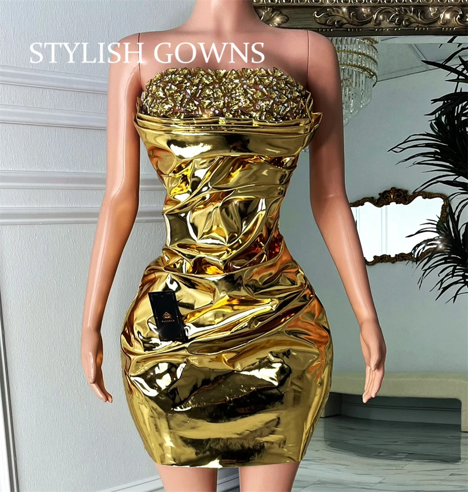 

Gold Strapless Short Prom Dresses Bead Crystal Birthday Party Dress Black Girls Pleats Mermaid Graduation Gowns Customized