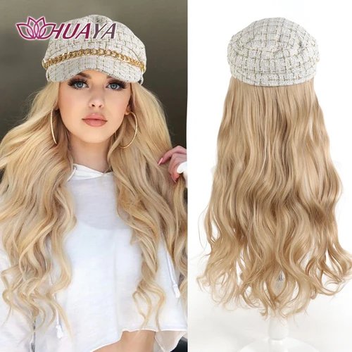 Pelucas de sombrero ondulado largo rubio, pelucas sintéticas con conexión, pelo para mujeres, Cosplay, uso diario en fiestas, pelo de fibra de alta resistencia