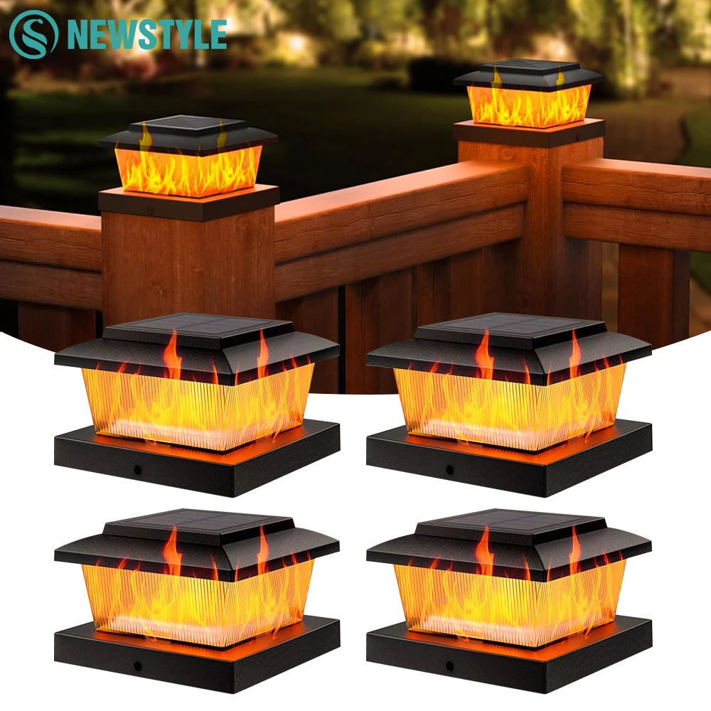 4/8PCS Solar Post Cap Lights Waterproof Solar Flame Fence Post Lights For 4x4 Wooden/Vinyl Post Flickering Flame Warm White