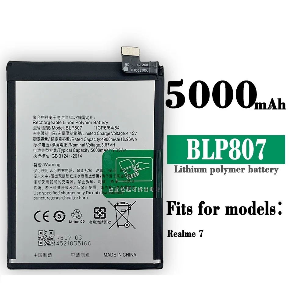 

New High Quality 5000mAh BLP807 Battery For Realme Q2 V5 RMX2117 RMX2111 RMX2112 Realme 7 + Tools