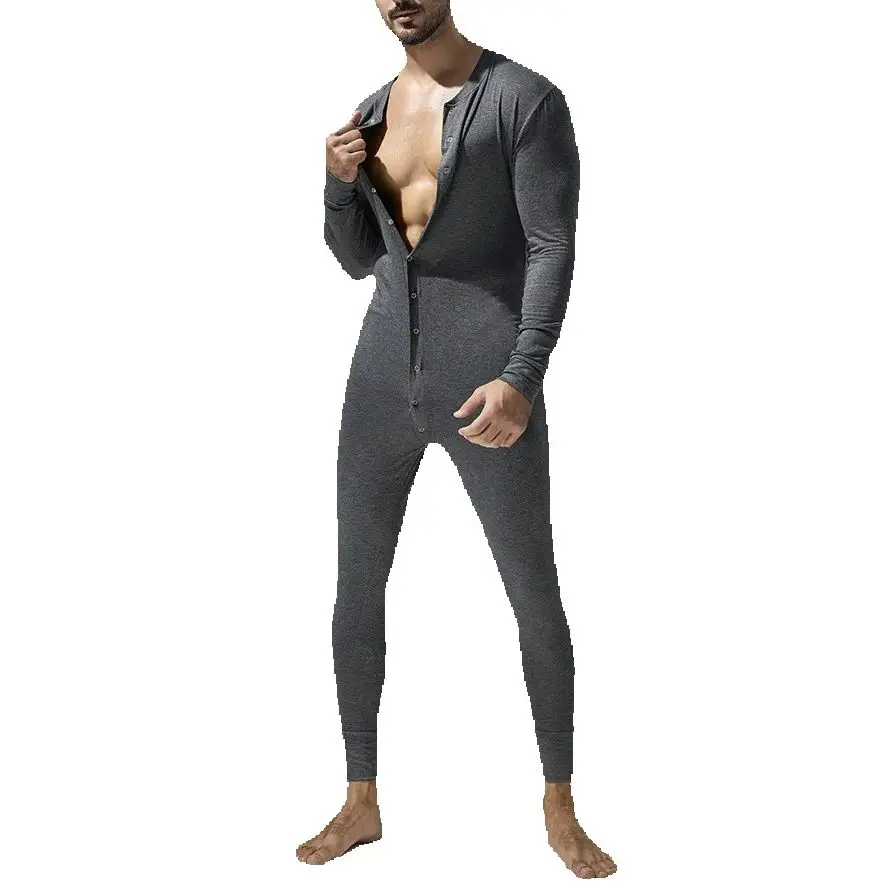 

Men's Hot Sexy One Piece Bodysuit Long Sleeve Button Modal Jumpsuit Tight Fitting Pajamas Loungewear Female Pajamas Jumpsuits