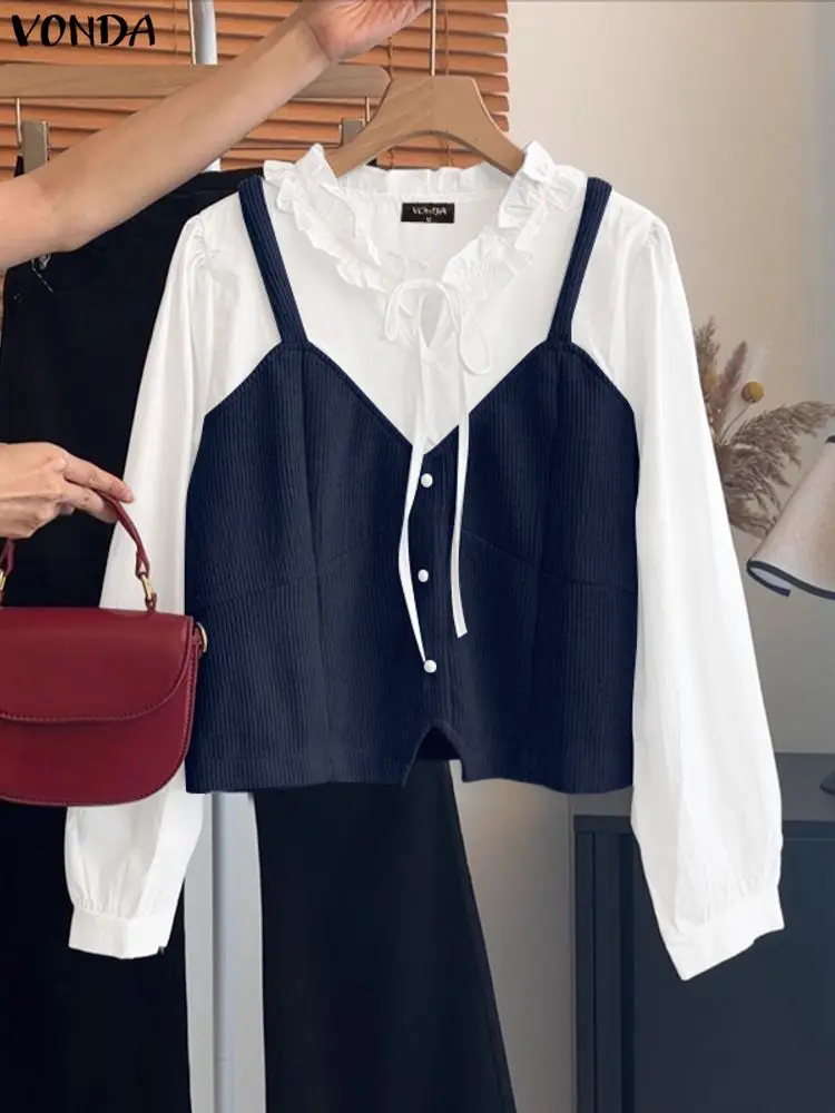 VONDA Fashion Blouse Women Long Sleeve Color Patchwork Tunic Tops Autumn Spring Bandage Casual Loose Shirts Blusas Femininas