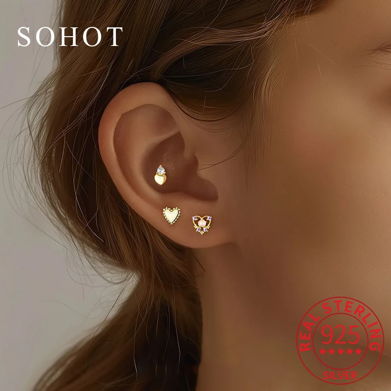 

1 Pcs Real 925 Sterling Silver Heart Zircon Hollow Butterfly Mini Stud Earrings for Charm Women Cute Fine Jewelry Accessories