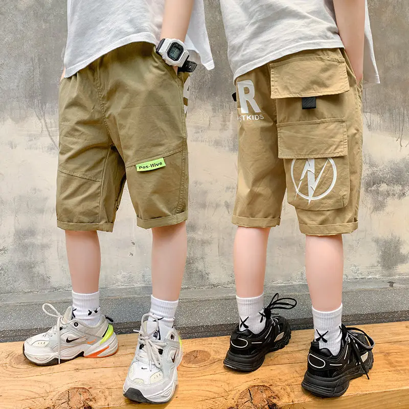 

Summer New Kids Boy Cargo Capri Shorts With Pocket Loose Style Children Casual Shorts for Teens Boy Fashion Knee-Length Pants