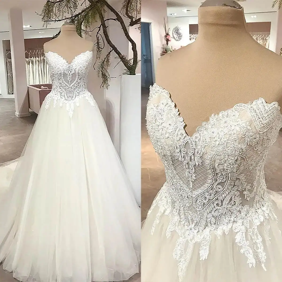 

Fashion A Line Wedding Dress Appliques Sweetheart Strapless Bride Gowns Beaded Sweep Train Bridal Dresses Custom Made