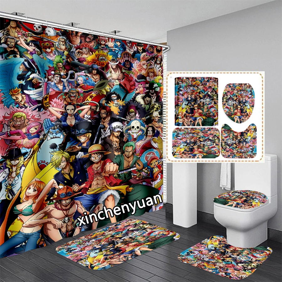 phechion Anime One Piece 3D Print Waterproof Bathroom Shower Curtain Toilet Cover Mat Non-Slip Floor Mat (1/3/4Pcs) W61