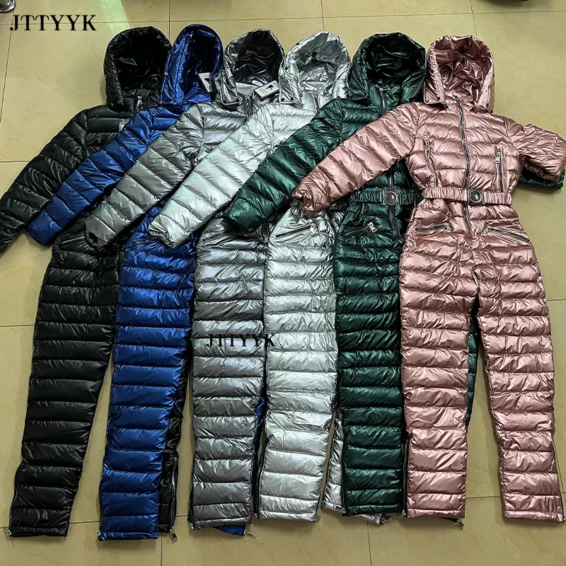 One Piece Ski Suit Women Jackets Winter Hooded Parka Jumpsuit Women Cotton Bodysuit Sashes Jumpsuits Zipper Overalls Tracksuits