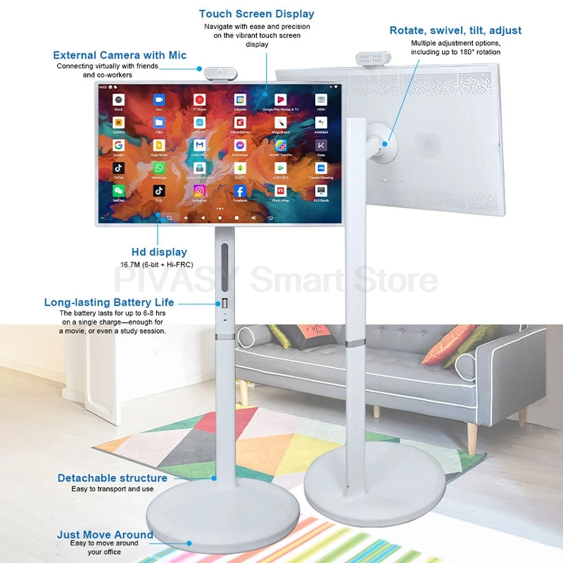 Mobile 32 Inch Battery Android Smart TV Listen Freely Rotatable Touch Screen Movable Portable outbuilt 12MP Camera Tablet Live