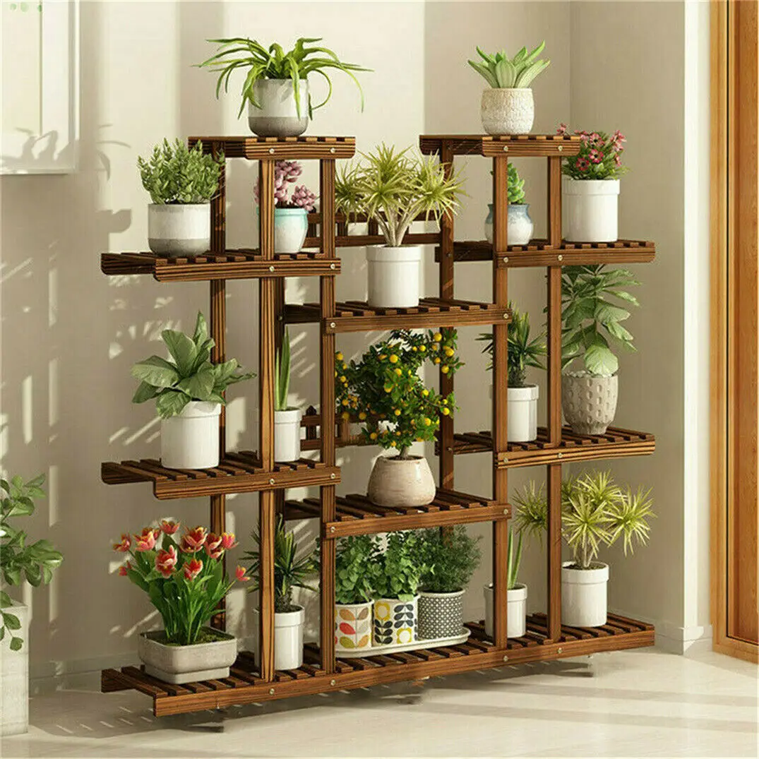 Large 11 Tiered Wood Plant Stand Carbonized High Widen Pot Shelf Holder Flower Shop Office Garden Indoor Outdoor