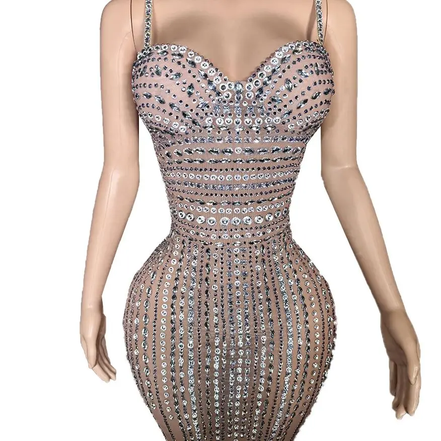

ZD Women Sexy bodycon Dress Luxury Birthday Evening Party Glitter Rhinestones Mesh See Through Prom Gown Stage Outfit
