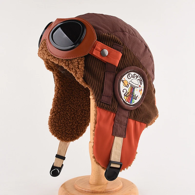 2026 Winter Bomber Hat Removable Glasses Corduroy Pilot Cap Windproof Ushanka Hats Adult Outdoor Retro Balaclava Caps Xmas Gift