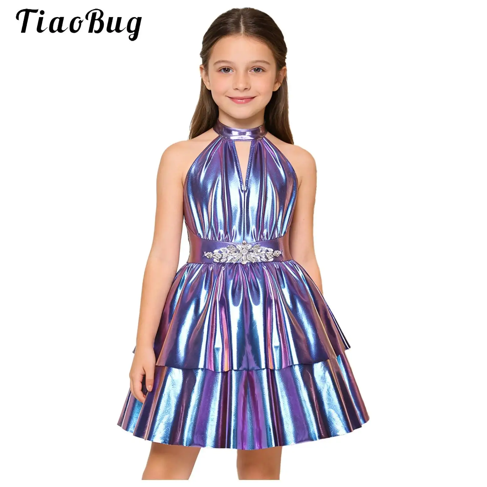 Flower Girls Metallic Shiny Party Dress Rhinestone Halter Backless Sleeveless Tiered A-line Dress Princess Birthday Prom Gowns