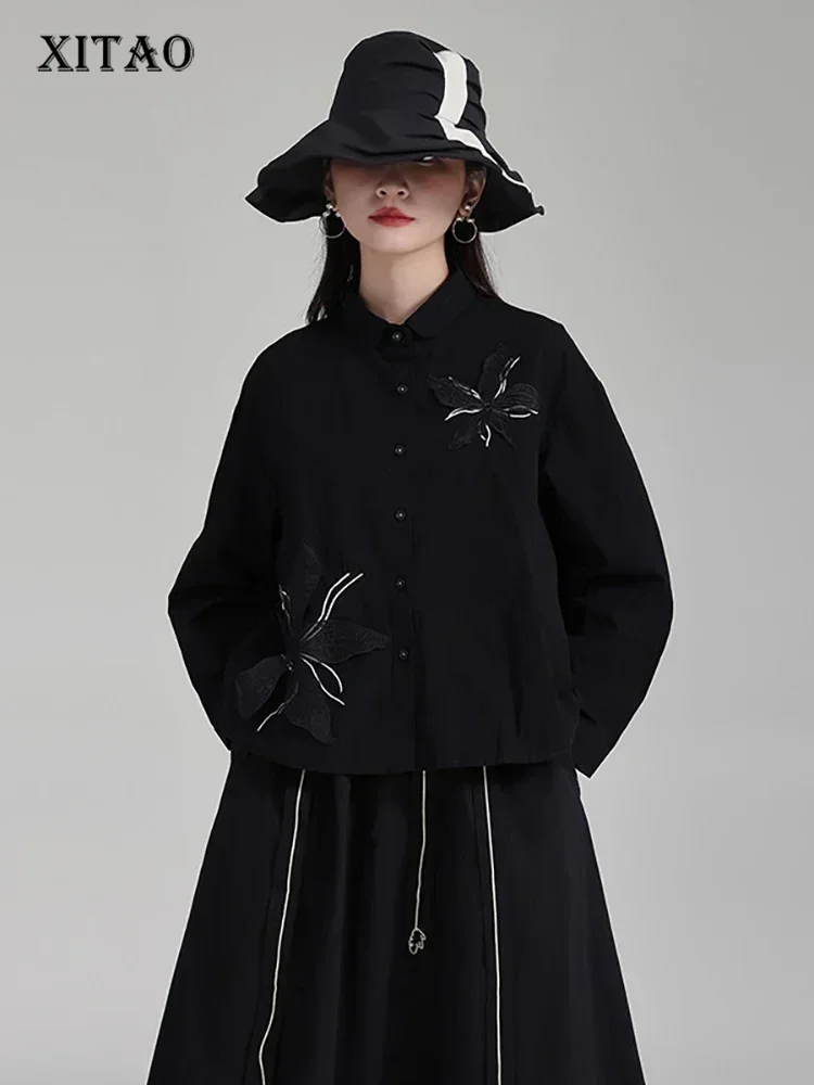 

XITAO Floral Single Breasted Women Shirt Turn-down Collar Patchwork Loose Solid Color Tops 2024 Spring New Fashion DMJ2999