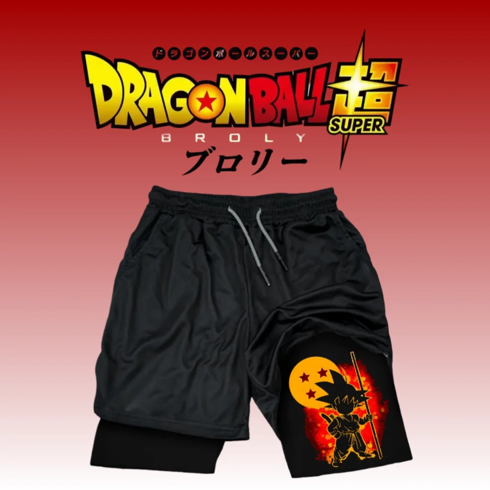 Summer 2025 Black Anime Training Shorts with Right Thigh Sun Wukong Graphic Golden Staff Yellow Circle Four Red Stars Y2k